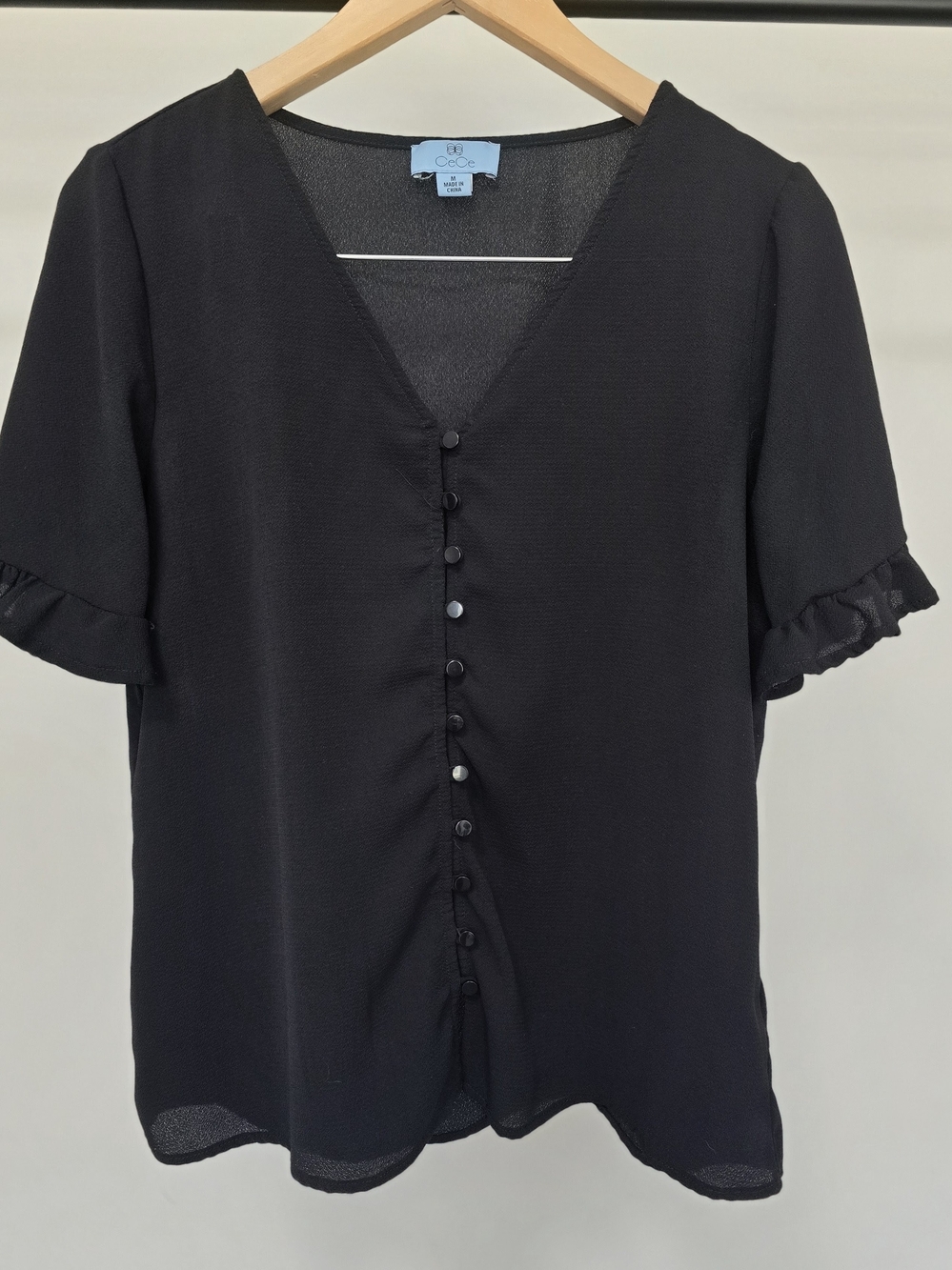 CeCe Black V-Neck Button-Front Blouse with Ruffle Sleeves